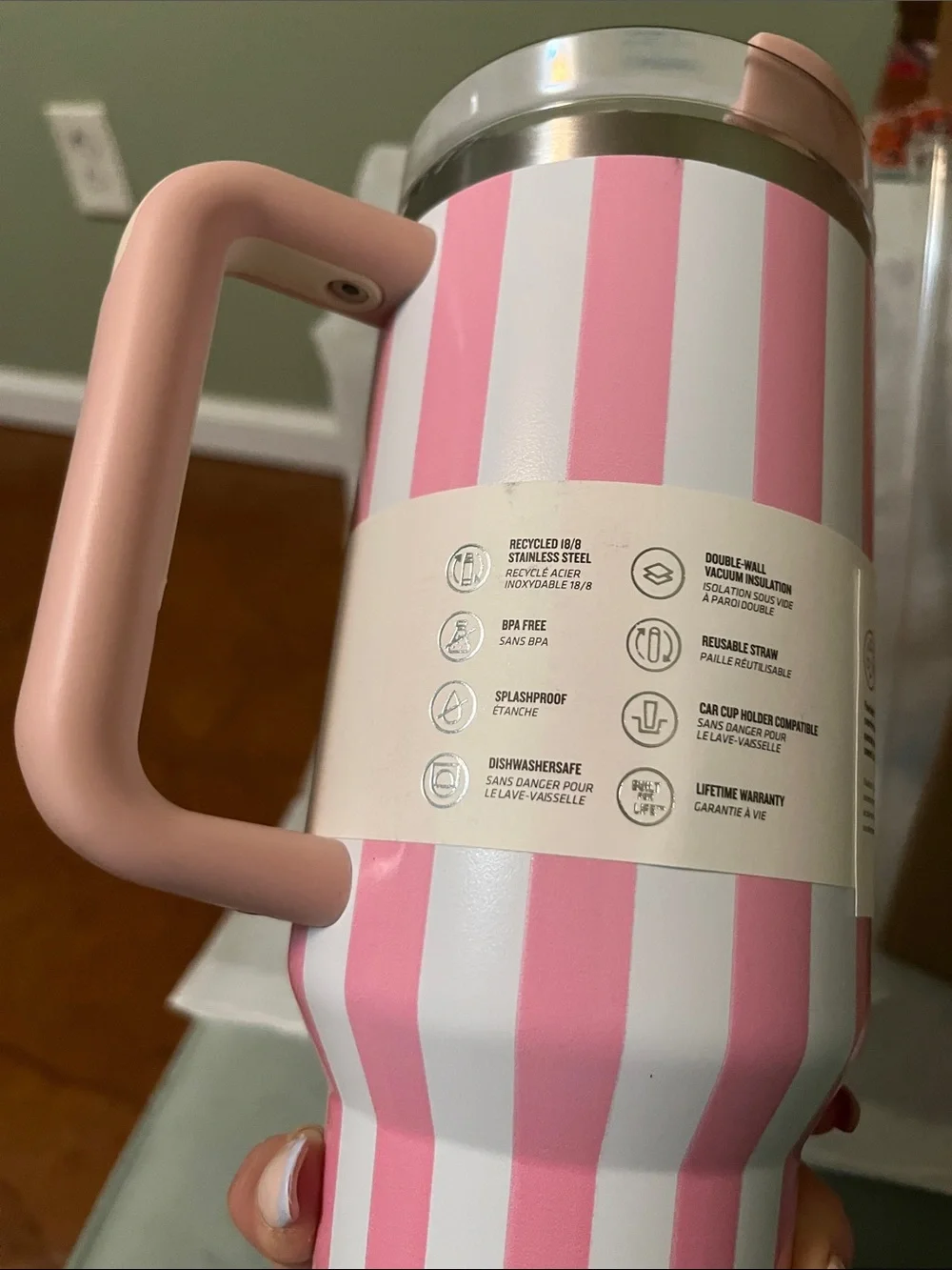 NIB Stanley Pink & White Striped 40 oz Tumbler with Handle - Picture 6 of 6